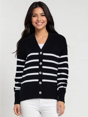 Three Dots Black & White Striped V-Neck Cardigan